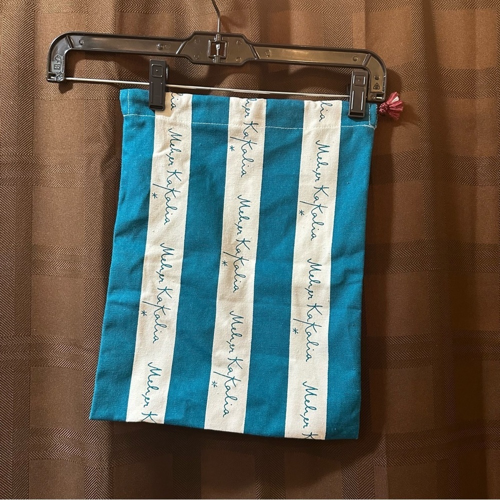 Meher Kakalia Canvas Dust Bag Teal Turquoise Cream Logo Stripe